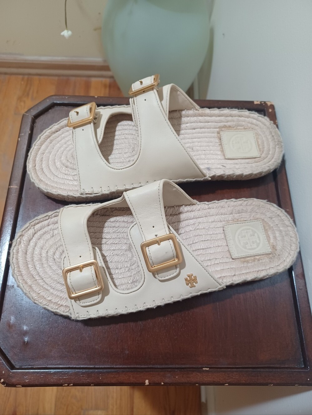 Tory Burch Cream Leather Double Buckle Espadrille Slides - Picture 1 of 7